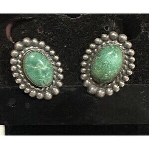 Old Pawn Native American Sterling Silver Green Turquoise Cabochon Earrings Screw